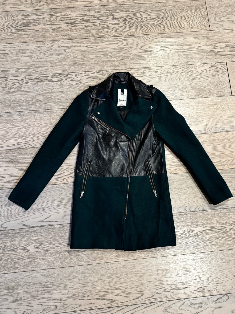 Soïa & Kyo Black Leather & Dark Green Wool Blend Coat